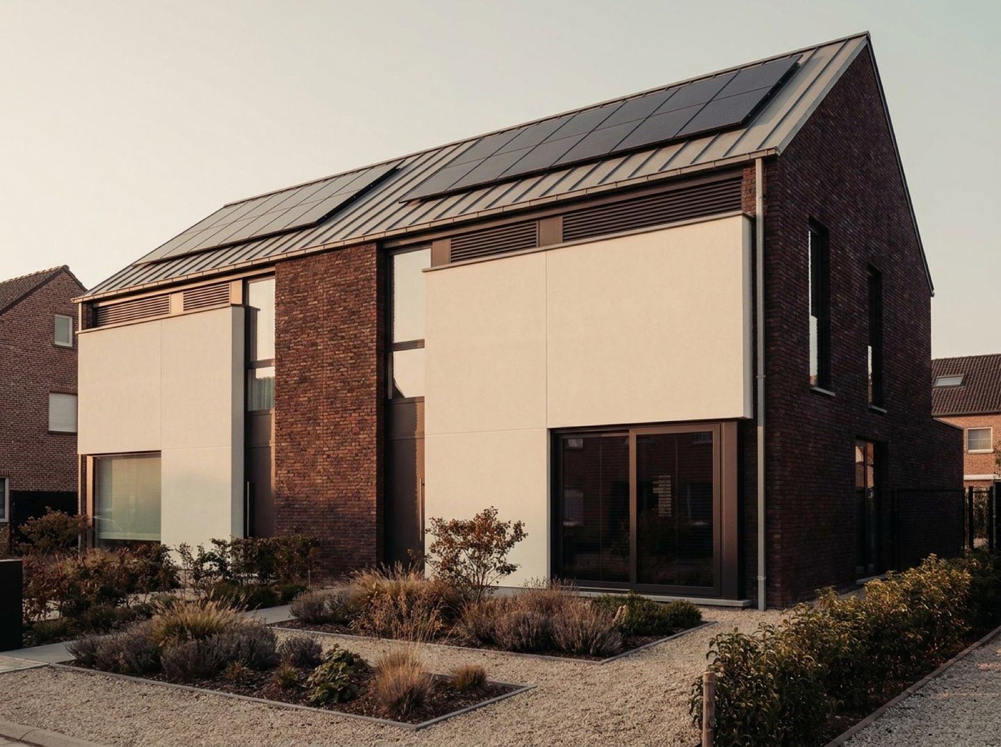 Afgewerkte nieuwbouwwoning in Vlaanderen, buitenaanzicht overdag